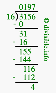 3156 divided by 16 using long division