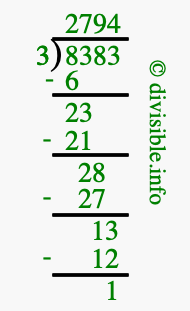 8383 divided by 3 using long division