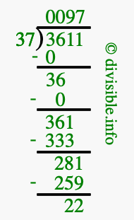 3611 divided by 37 using long division