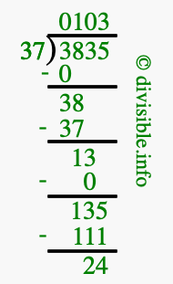 3835 divided by 37 using long division