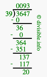 3647 divided by 39 using long division