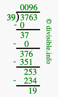 3763 divided by 39 using long division