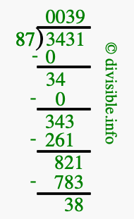 3431 divided by 87 using long division