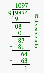 9874 divided by 9 using long division