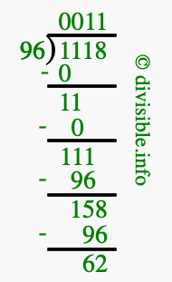 1118 divided by 96 using long division