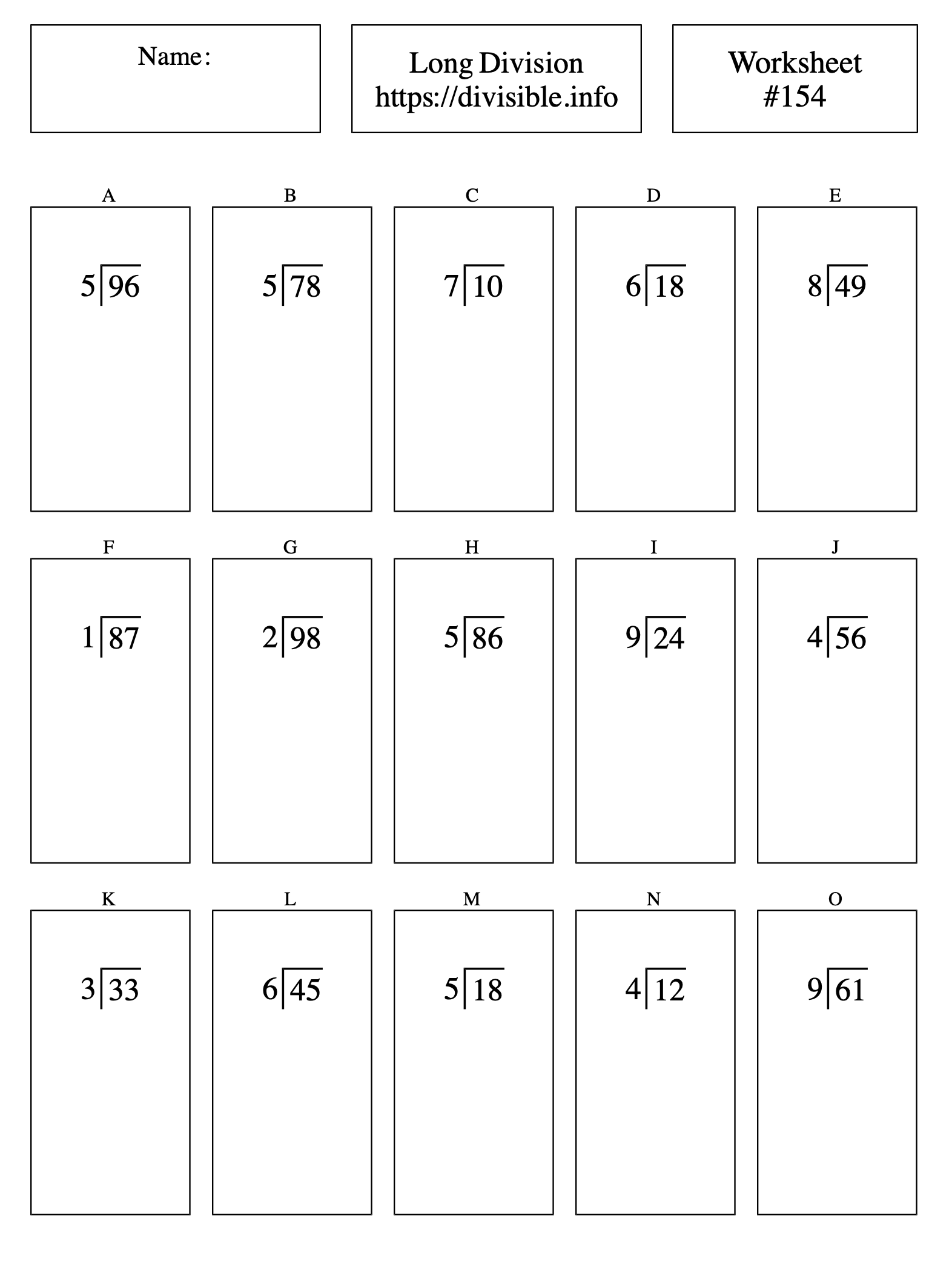 2Digit divided by 1Digit Long Division Worksheet 154